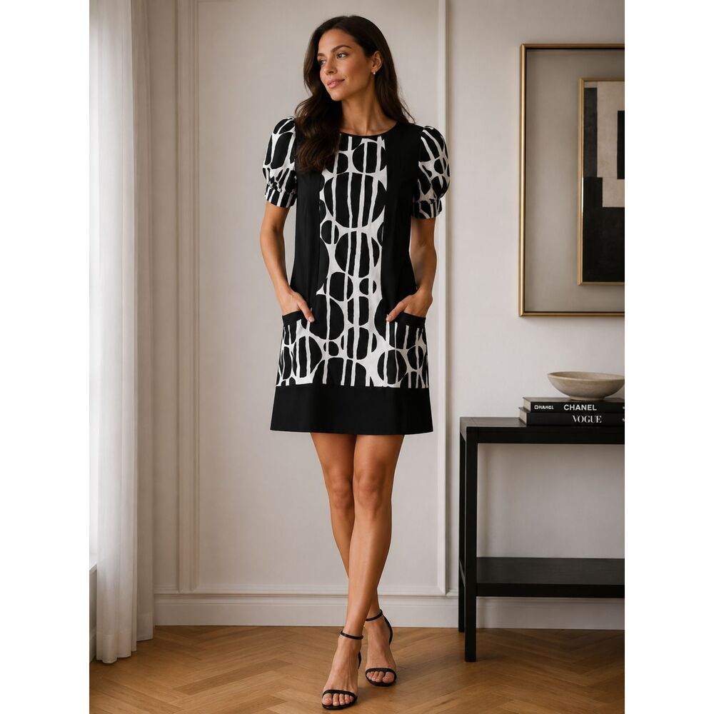 David Meister Silk Shift Dress Black White Geometric Print Puff Sleeve Pockets 2